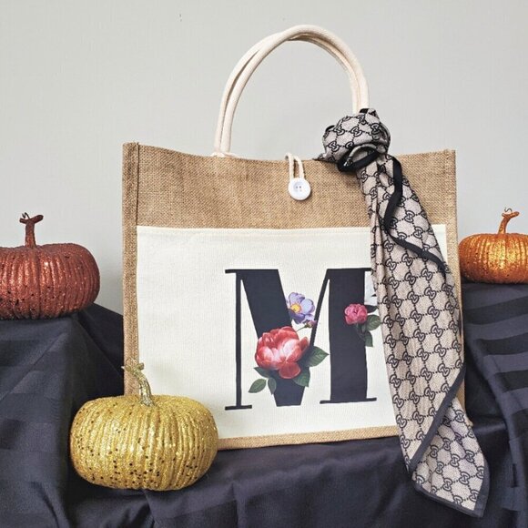 Monogram 'M' Canvas Travel Tote Bag. Reusable - Grocery, Weekend, Beach Bag - Picture 7 of 16